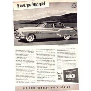 1952 Buick Roadmaster Riviera Sedan Vintage Print Ad Country Hillside Wall Art
